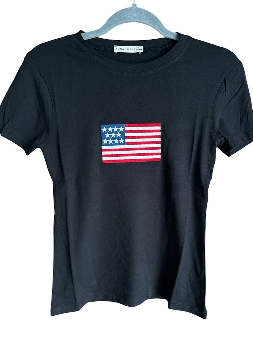 Zenana Outfitters Black Short Sleeve Tee with Embroidered Flag